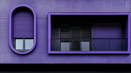 Purple building facade with oval, rectangular windows, balcony, closed shutters