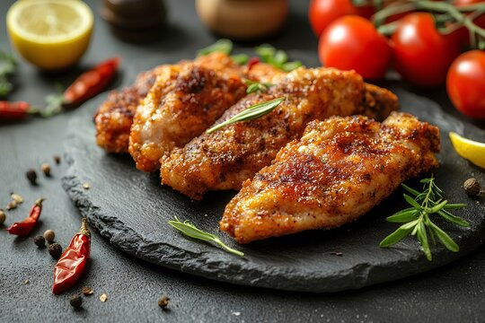 Crispy fried chicken on plate with vegetable background
