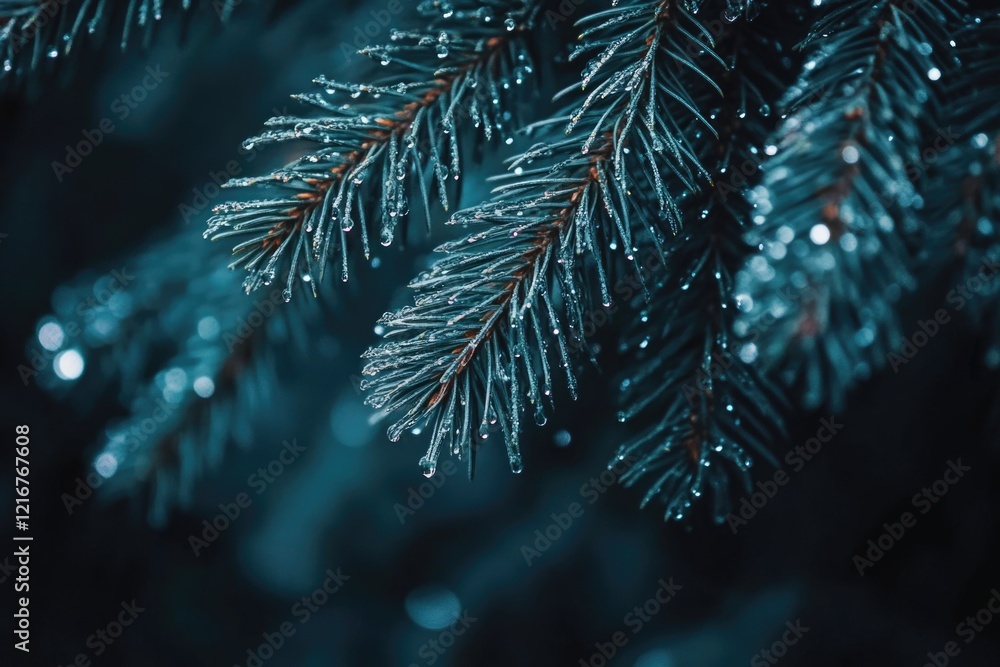 Poster a branch of a tree with water droplets on it. the droplets are small and scattered, giving the impre