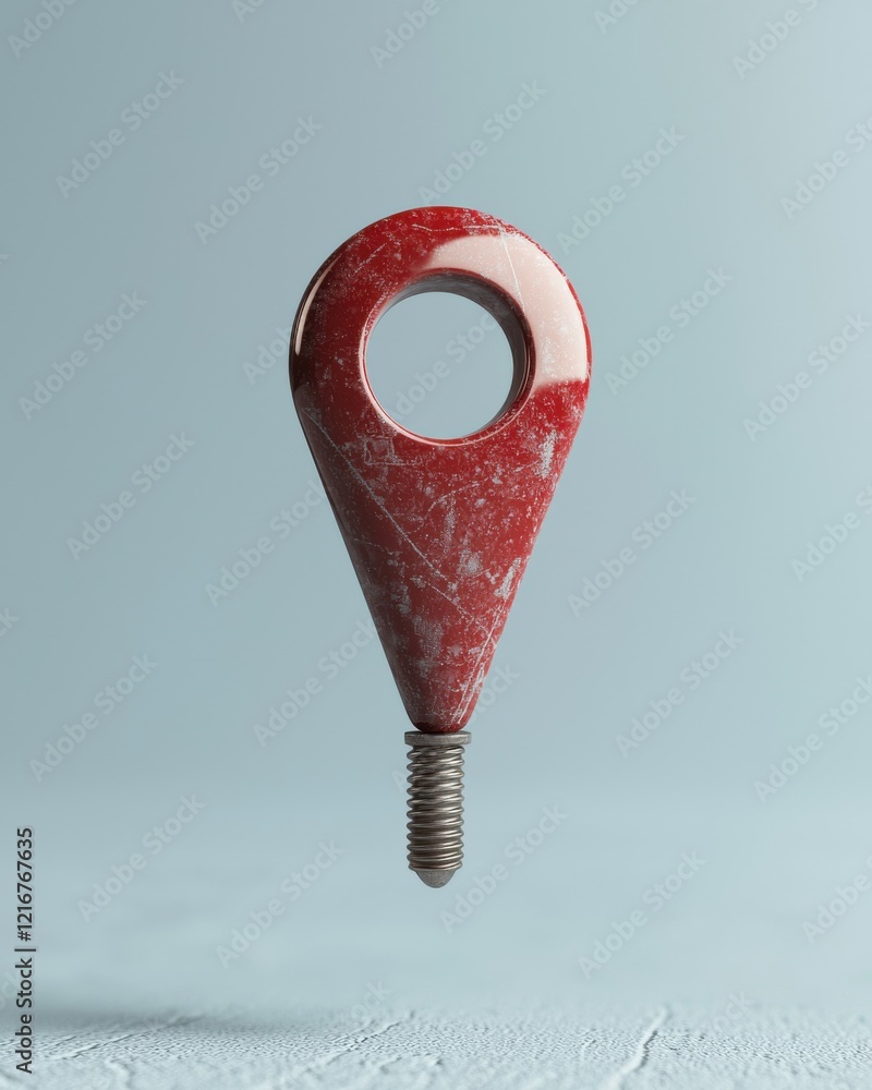 Poster a stylized red marker-like object with a screw base, set against a soft blue background, blending ar