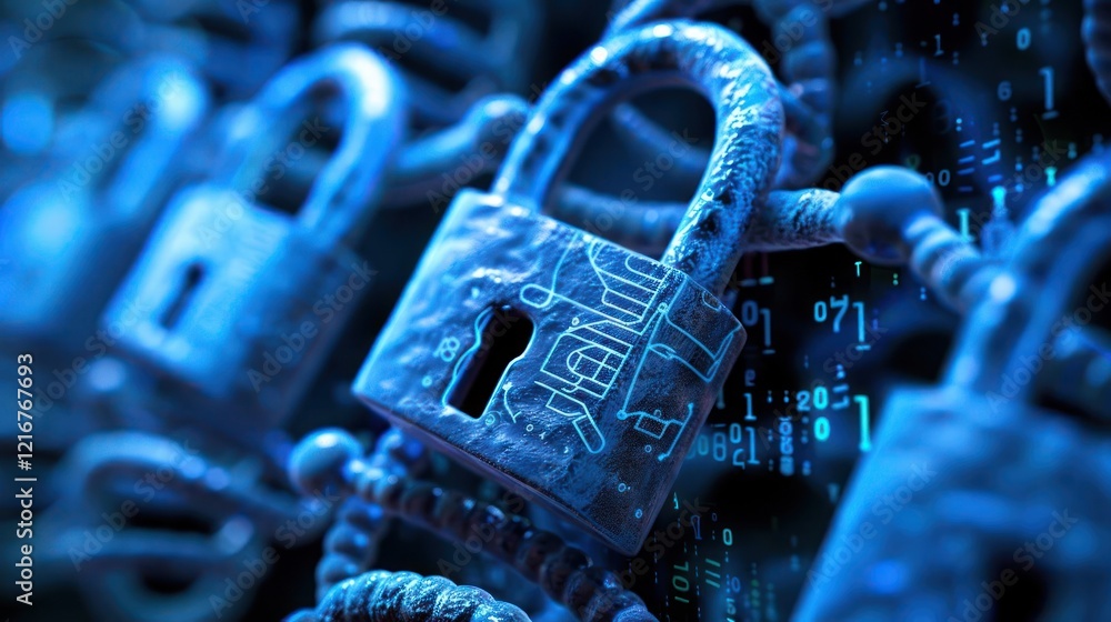 Aufkleber close-up of multiple blue digital locks symbolizing cybersecurity and data protection