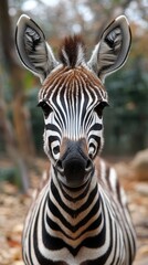 Naklejka premium Close-up of a zebra in a front view with detailed stripe patterns and an expressive gaze against a savanna background