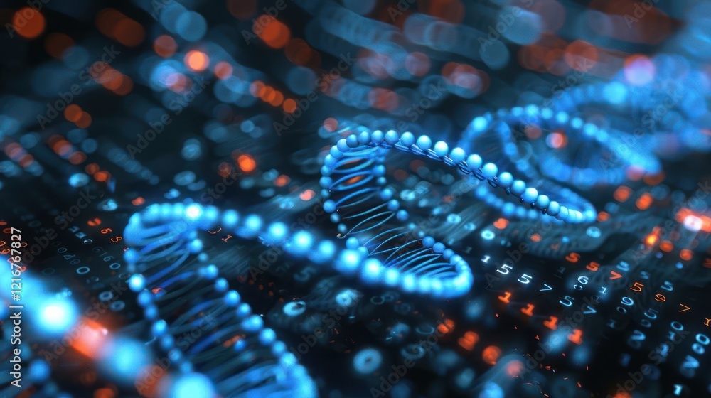 Poster intricate close-up of a dna double helix with glowing strands against a digital data backdrop