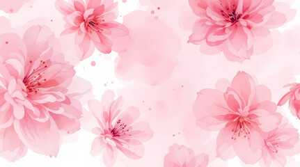 Pink watercolor flowers seamless pattern transparent background