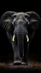 African elephant in a frontal pose with massive tusks and detailed skin texture against a black background