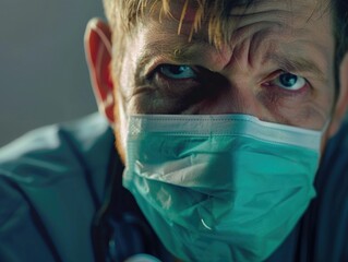 Serious facial expression of doctor wearing surgical mask in hospital setting.