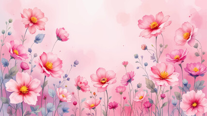Pink watercolor flowers seamless pattern transparent background