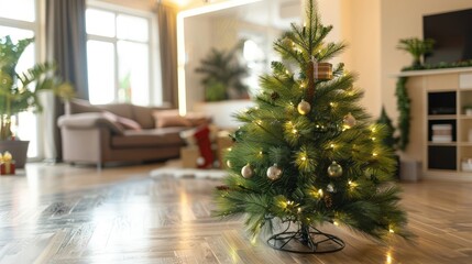 Cozy living room decorated for Christmas with a small tree and festive atmosphere