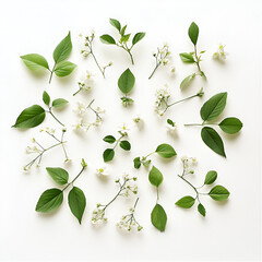 Obraz premium Floral arrangement: Delicate white blossoms and vibrant green leaves artfully arranged on a white background.