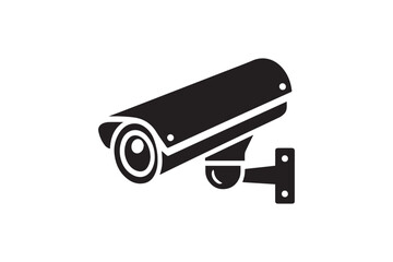 simple and subtle vector silhouette of cctv camera in black and white, set against a white background. 