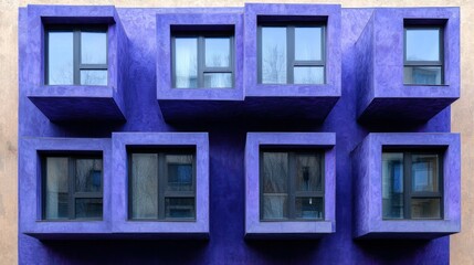 Fototapeta premium Purple building facade with protruding square windows reflecting urban scene