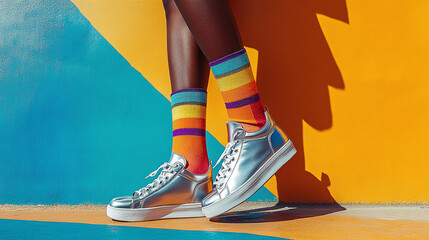 Close-up of shiny silver sneakers and rainbow-striped socks against a colorful geometric background, creating a bold, vibrant, and playful fashion statement.
