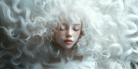 Close up Portrait of Young Woman with Curly Albino Hair. black albino woman white dress. Ethereal image