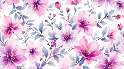 Purple watercolor flowers seamless pattern transparent background