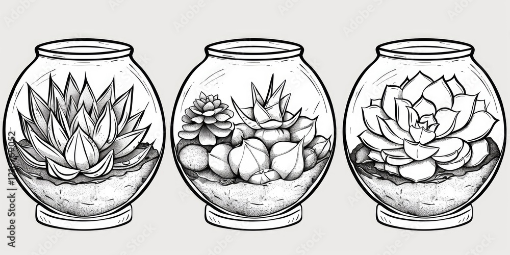 Aufkleber three vases with plants in them. the vases are different sizes and have different types of plants. t