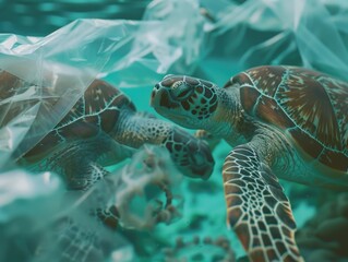 Two turtles are swimming in the ocean with plastic bags around them. The turtles are surrounded by plastic bags, which are floating in the water