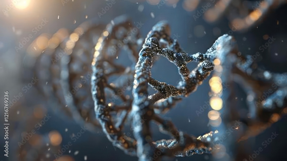 Poster close-up view of a dna double helix structure with shimmering particles, representing genetic scienc