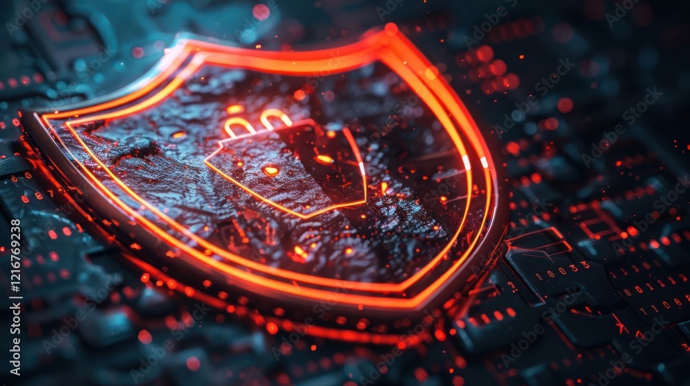 Poster abstract digital shield symbolizing cybersecurity on a dark tech background with glowing elements