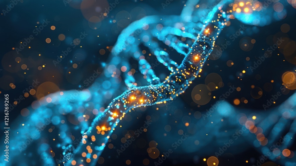 Poster detailed view of a glowing dna helix surrounded by shimmering particles in a dark background