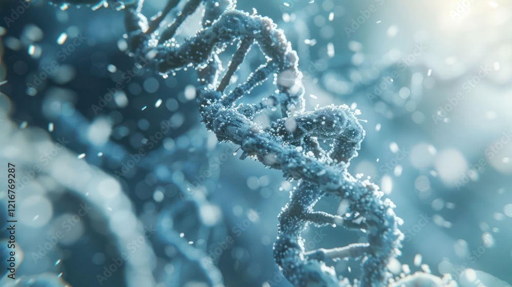 Poster close-up view of a dna double helix structure surrounded by particles, illustrating genetic science