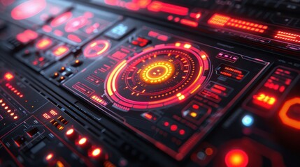 Obraz premium Futuristic control panel with glowing red lights and intricate digital interfaces in a sci-fi setting