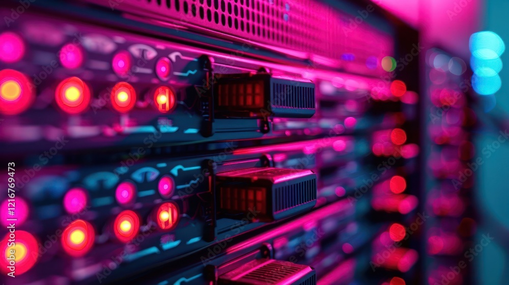 Aufkleber close-up of illuminated server racks with vibrant lights in a modern data center environment