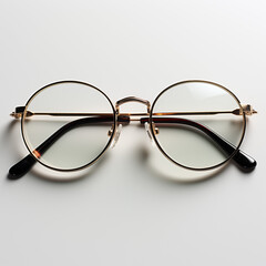 vintage eyeglasses, round frames, gold metal rims, retro style, clear lenses, minimalist design, classic eyewear, antique spectacles, fashion accessory, nostalgic, white background