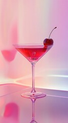 Bright red non-alcoholic beverage with cherry sits on a reflective surface in an elegant setting
