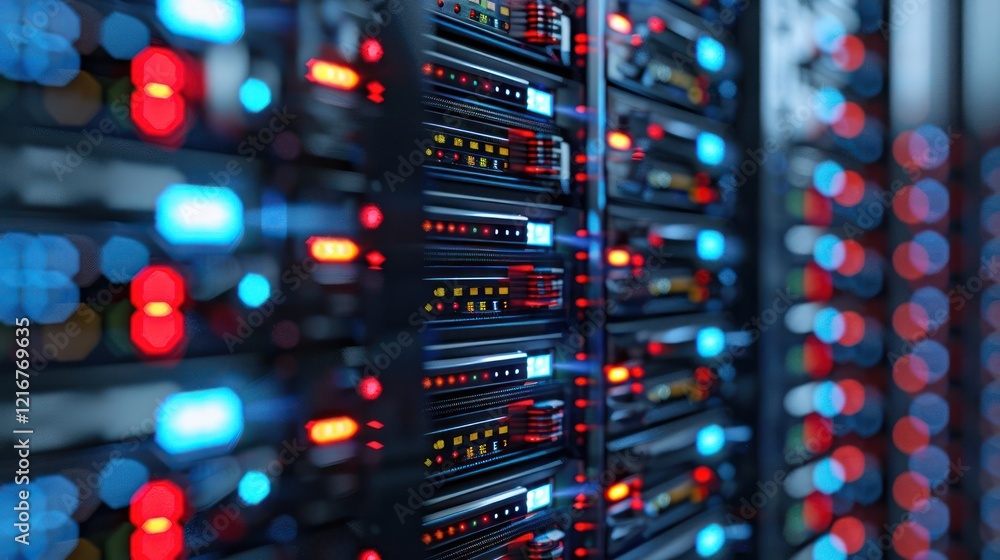 Poster close-up view of illuminated server racks in a data center showcasing technology in action (15)