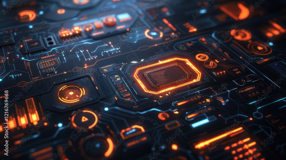 Poster futuristic digital circuit board with glowing elements showcasing advanced technology design