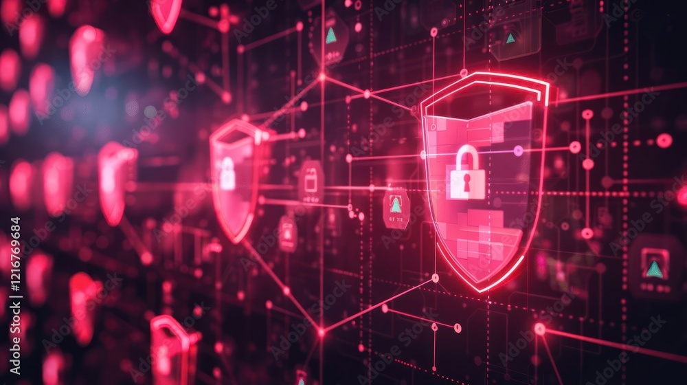 Poster abstract digital security concept showcasing interconnected shields with locks against a vibrant bac