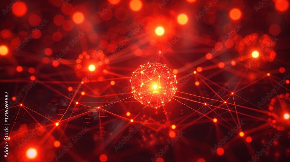 Poster abstract representation of interconnected nodes and spheres in a vibrant red digital network
