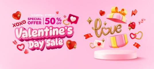 Valentine's Day Sale Banner Template with Floating Hearts,Gift Box,Love Text,Discount Offers and Romantic Design Elements in a Vibrant Pink Theme for Seasonal Marketing and Festive Celebrations