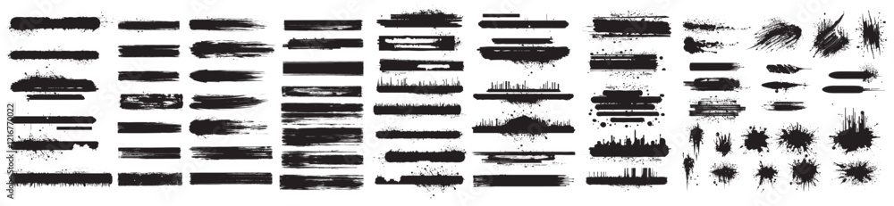 Poster Various black brush stroke elements arranged in a horizontal format, showcasing different textures and styles ideal for graphic design and artistic compositions.