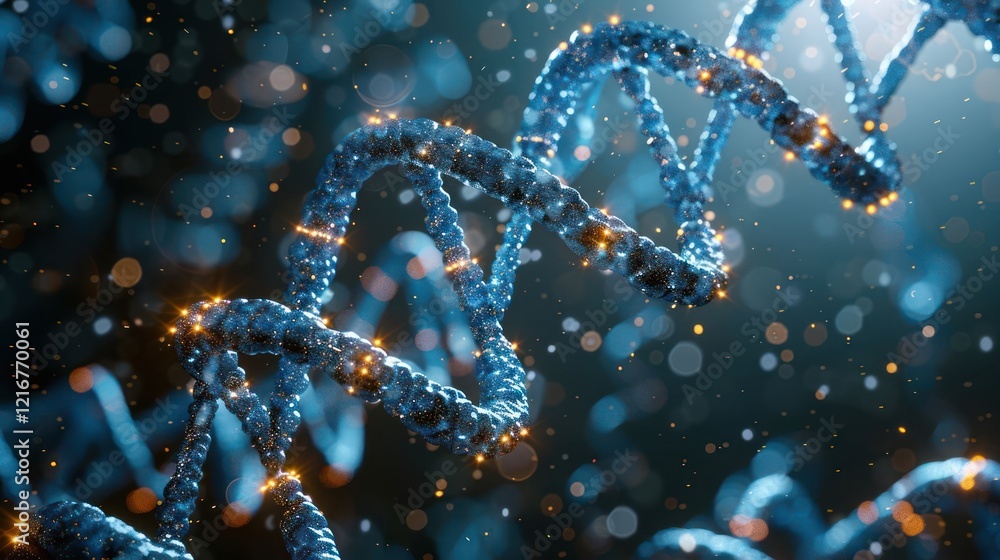 Poster close-up view of a dna double helix structure illuminated with particles in a scientific background