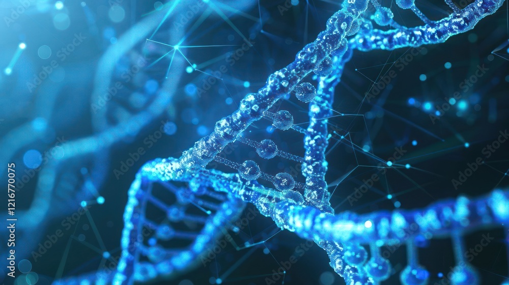 Poster close-up view of a blue dna double helix structure with glowing particles and connections in a lab e