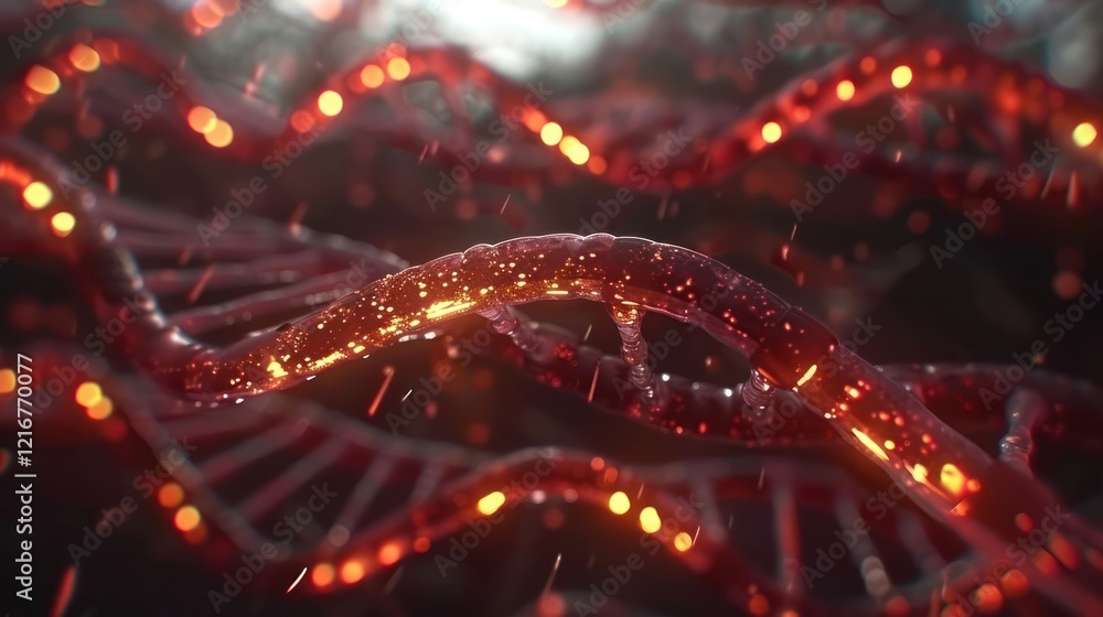 Aufkleber abstract representation of dna strands illuminated with glowing particles in a dark environment