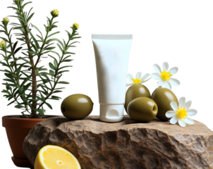 A tube cream prominently placed on a textured, brown rock. There are three green olives and small white flowers with yellow centers also placed on the rock.