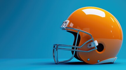 Fototapeta premium A vibrant orange football helmet showcased against a vivid blue background, perfect for sports-themed projects.