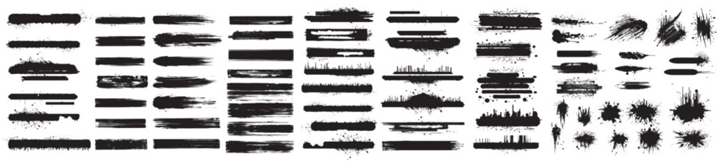 Various black brush stroke elements arranged in a horizontal format, showcasing different textures and styles ideal for graphic design and artistic compositions. © ZinetroN