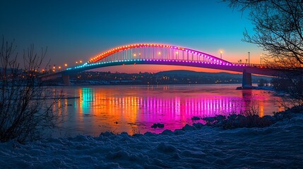 Naklejka premium Illuminated bridge, winter river, city skyline, sunset