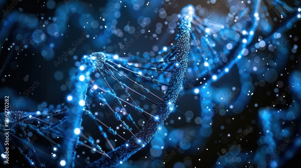 Poster abstract representation of a dna double helix illuminated by blue lights, surrounded by glowing part