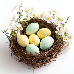 Obraz premium Pastel Easter eggs nestled in a bird's nest adorned with delicate spring blossoms.