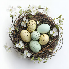 Obraz premium Pastel Easter eggs nestled in a bird's nest adorned with delicate spring blossoms.