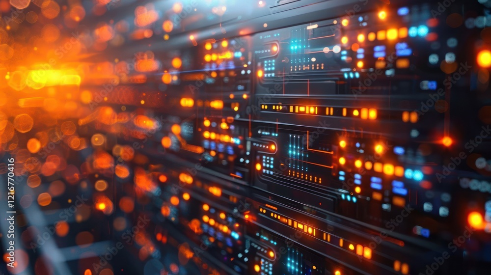 Poster vibrant server room with illuminated data panels and glowing circuitry in a modern tech environment