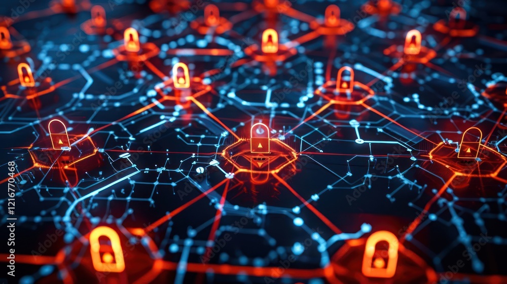 Poster abstract digital network with glowing padlocks symbolizing cybersecurity and data protection