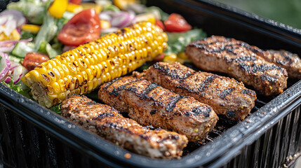 A sizzling platter of grilled meats, roasted corn on the cob, and fresh colorful salads, perfect for barbecue, summer gatherings, and outdoor culinary themes.