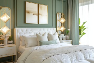 Luxurious Green Bedroom With White Bedding And Gold Accents