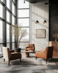 Obraz premium A modern, stylish lounge featuring brown chairs, a round table, and large windows with natural light.