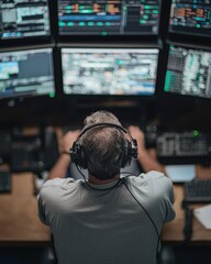 A focused individual works at a multi-monitor setup, analyzing data and trends, wearing headphones in a modern tech environment.